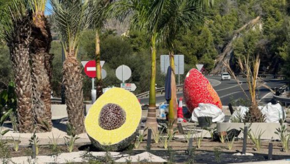 Las rotondas del Almuñécar ya muestran las esculturas ornamentales de frutos tropicales